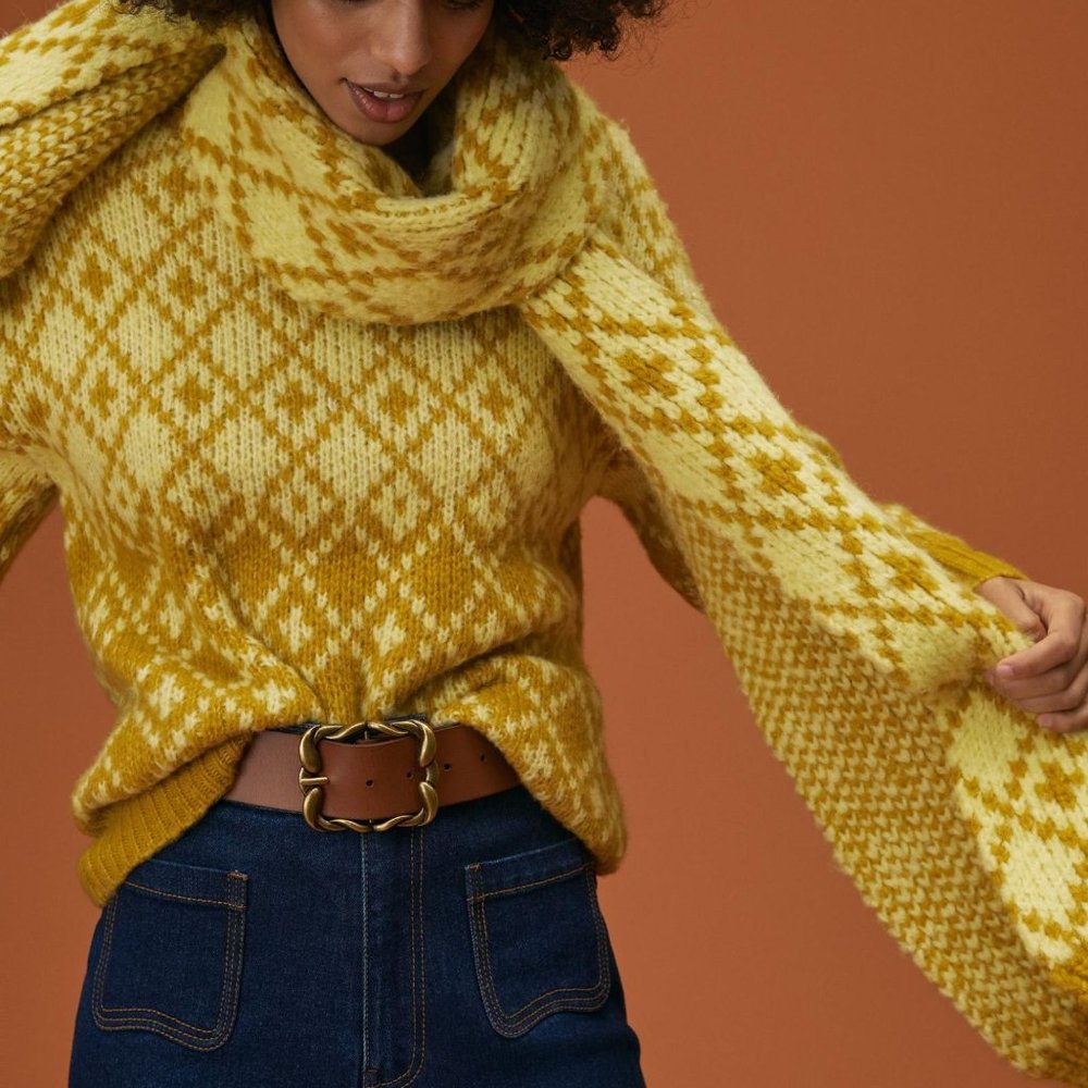 Anthropologie Mustard Diamond Knit Sweater